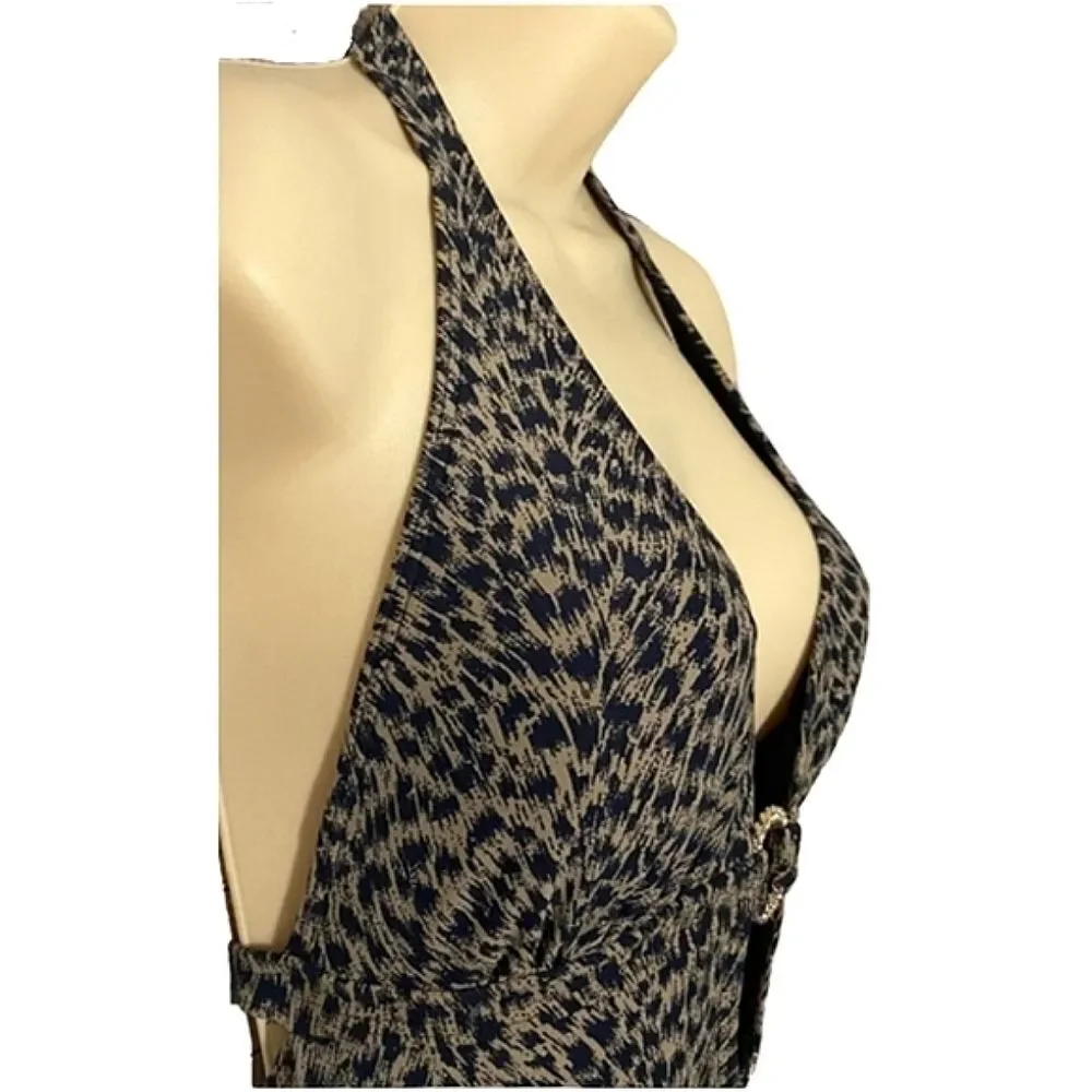 Michael Kors Leopard Print One Piece Swimsuit, Size 4, Black/Tan/Gold NWT